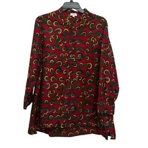 Zuri Kenya Button Down Shirt Size 2X Red Swirl Waves Print Cotton Art To Wear